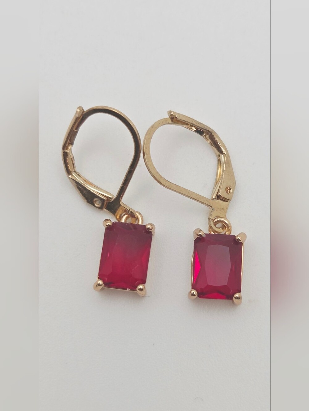 Gold Plated Leverback Ruby Drop Earrings with Red Rectangular Gemstones